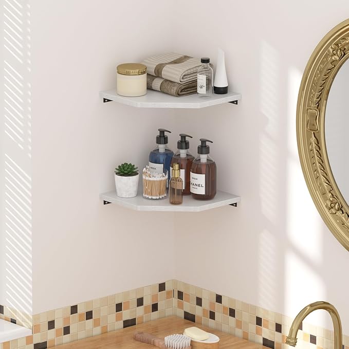 JJL Corner Shelf, 12 Inch Corner Shelf Wall Mounted with Wire Hole, 2 Tier 13.3 Inch Deep Wooden Corner Hanging Shelves for Wall Storage, for Speaker, Cable Box, White-NeatNest