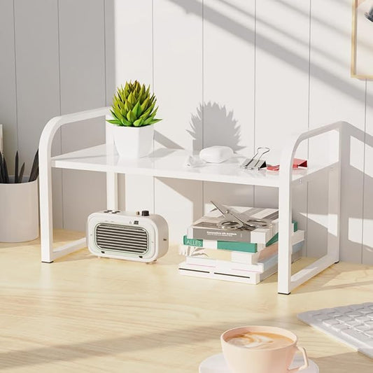Office Desk Shelf Organizer, Wood Desktop Bookshelf Supplies Storage Rack, Shelf for Top Desk Dresser and Cubicle Decor Bookshelf Monitor Stand Riser (White White-single Tier, 11.81 Lx7.87 Wx8.46 H)-NeatNest