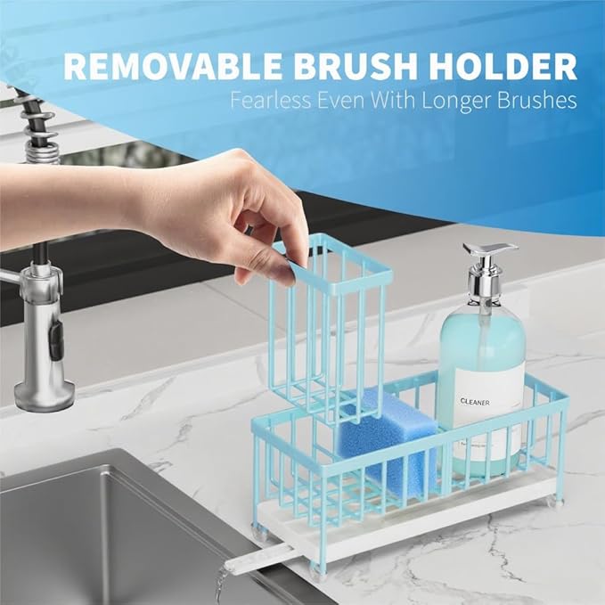 Cisily Blue Sponge Holder for Kitchen Sink, Sink Caddy Organizer with High Brush Holder, Kitchen Countertop Organizers and Storage Essentials, Rustproof 304 Stainless Steel, Soap Dispenser Organize-NeatNest