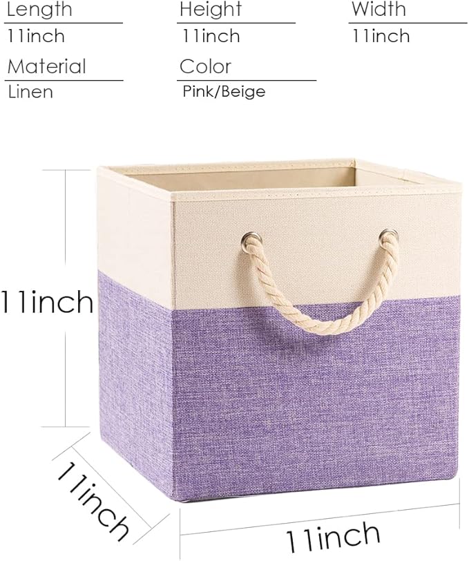 PRANDOM Large Foldable Cube Storage Bins 11x11 inch [2-Pack] Fabric Linen Storage Baskets Cubes Drawer with Cotton Handles Organizer for Shelves Nursery Closet Bedroom Purple-NeatNest