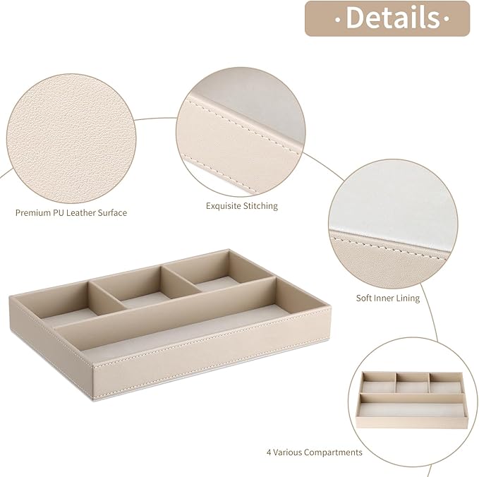 GORESE PU Leather Valet Tray, Stackable Jewelry Trays for Dresser, Drawer Nightstand Organizer Bedside Trays for Men Women, Entryway Desk Catchall Tray for Trinket, Key, Purse, Watch, Cologne, Beige-NeatNest