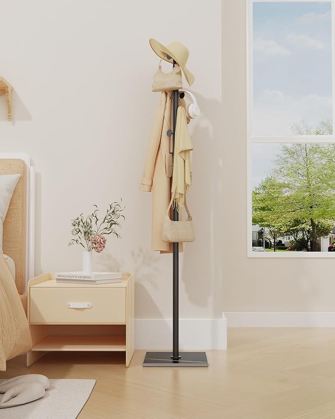 Coat Rack Freestanding, Small Standing Coat Tree with Heavy Rock Slab Base, Modern Metal Coat Hanger Stand with 8 Hooks, Garment Rack, 11.8 x 11.8 x 68.9 In, Black, GYJ002B-NeatNest
