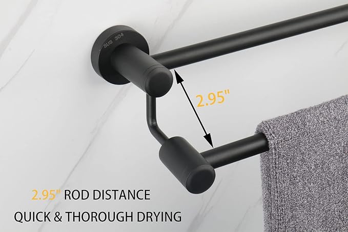TocTen Double Bath Towel Bar - Thicken SUS304 Stainless Steel Towel Rack for Bathroom, Bathroom Accessories Double Towel Rod Heavy Duty Wall Mounted Towel Holder (Matte Black, 16 in)