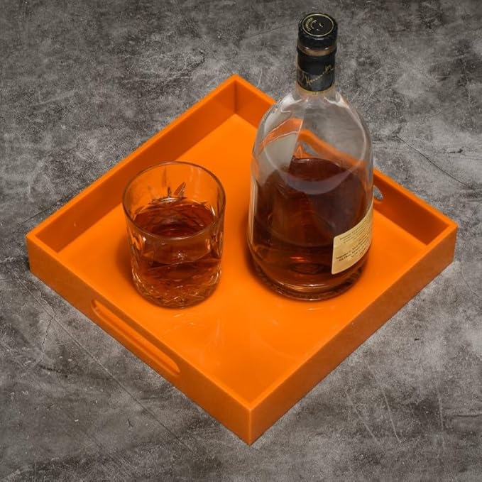 Orange Sturdy Acrylic Serving Tray with Handles-10x10Inch-Serving Coffee,Food,Breakfast,Butler-Kitchen Countertop Tray-Makeup Drawer Organizer-Vanity Table,Ottoman Tray-Decorative Tray-NeatNest