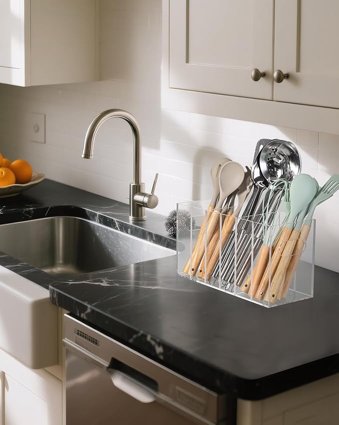 HAYVAN Clear Acrylic Utensil Holder for Kitchen Counter - Space-saving Organizer with 3 Adjustable Dividers - Easy to Use & Clean, Utensil Caddy for Kitchen Storage & Decor