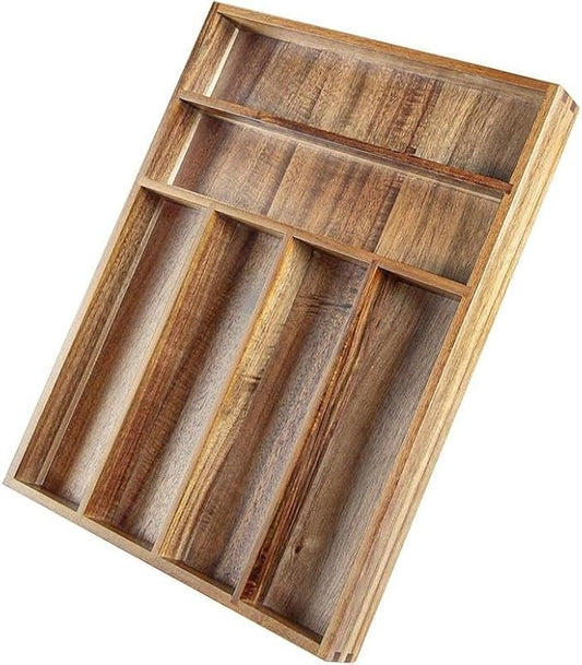 Acacia Wood Silverware Organizer, Kitchen Utensil Drawer Organizer, Fork and Spoon Utensil Holder Organizer. Can Also Be Used To Organize Jewelry, Tools, Office Supplies and Make Up. (6 bulkheads)