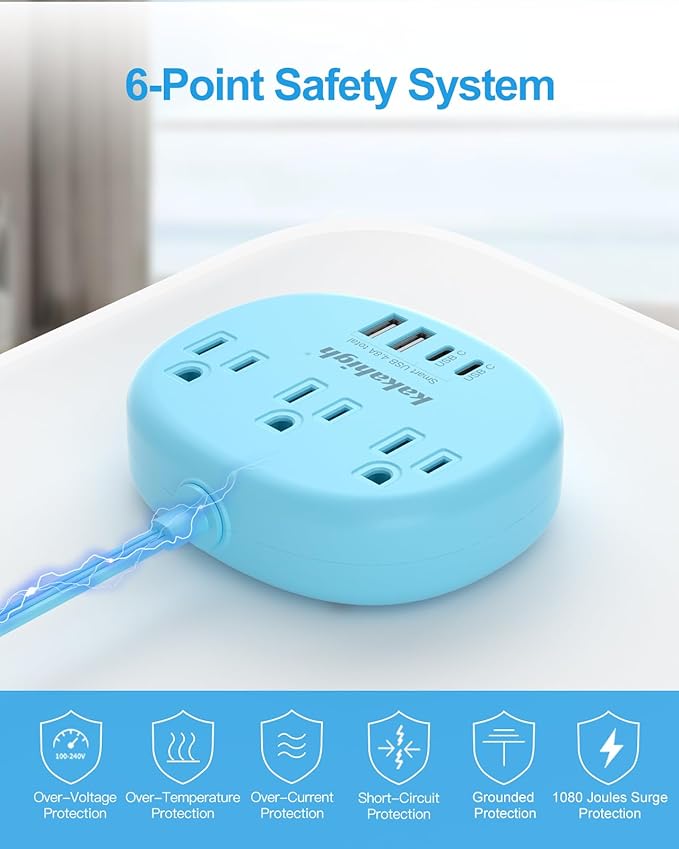 Blue Extension Cord with Surge Protected 1080J - 5 FT Flat Extension Cord, 1625W Cute Extension Cord with 3 AC Outlet 4 USB (24W/4.8A), Compact for Cute Blue Kawaii Desk Accessories-NeatNest