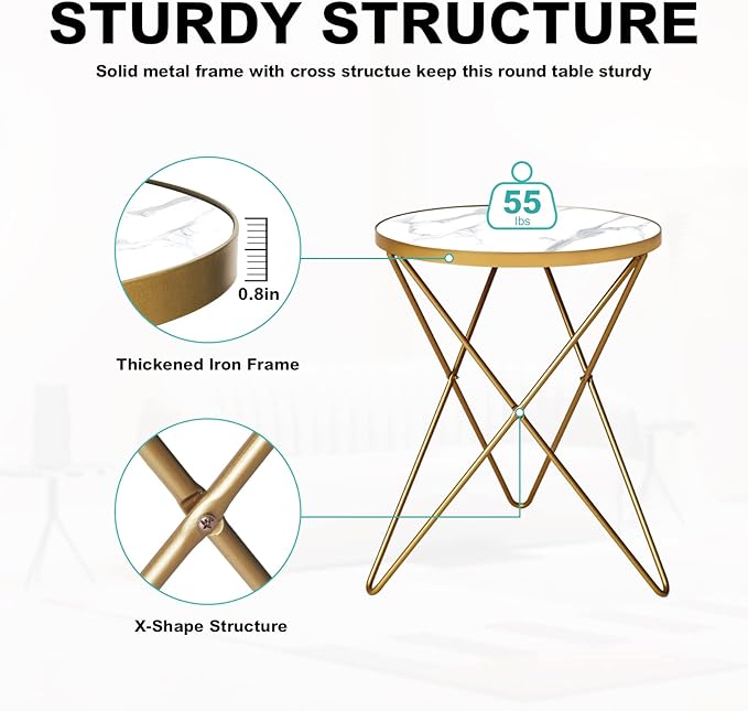 HLR Modern Round Side Table Set of 2, End Table with Marble Effect Top and Gold Metal Frame, Small Side Table for Living Room, Bedroom, Sofa and Couch, Gold Legs, White Marble top