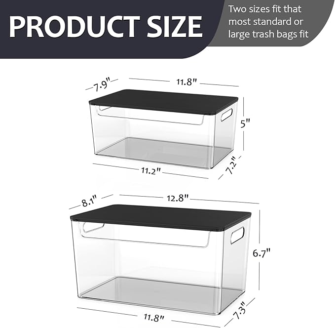 2 Pack Trash Bag Holder Under Sink Stackable, Plastic Garbage Bag Dispenser with Lid, Trash Bag Storage Dispenser Roll Holder for Kitchen, Pantry, Laundry Room Organization (Black Lid)-NeatNest