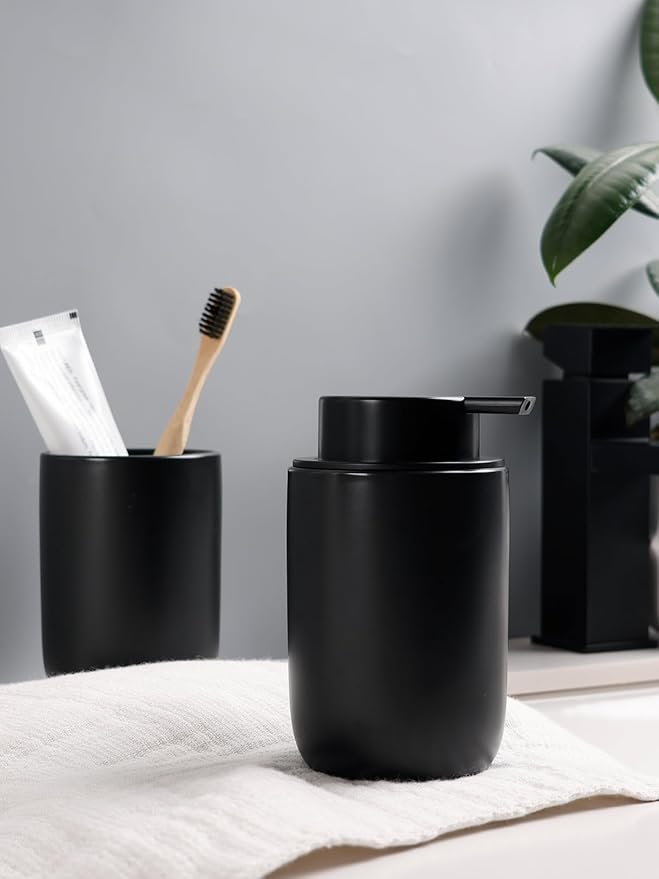 Bosilunlife Soap Dispenser and Toothbrush Holder Set - Dish Hand Soap Dispenser Bathroom Set Ceramic Bathroom Counter Soap Toothbrush Holder Set Black Bathroom Accessories Set-NeatNest