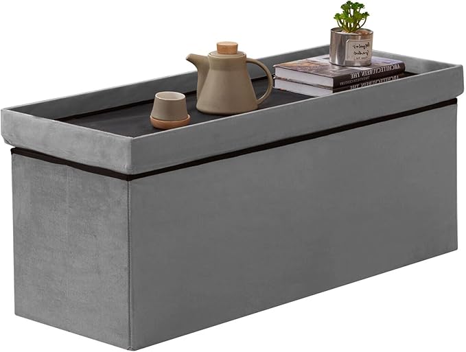 BRIAN & DANY 43 Inches Folding Storage Ottoman Bench, Velvet Ottoman with Storage for Living Room, Long Shoes Bench,Flannelette Footrest Benches Seat (Grey)-NeatNest
