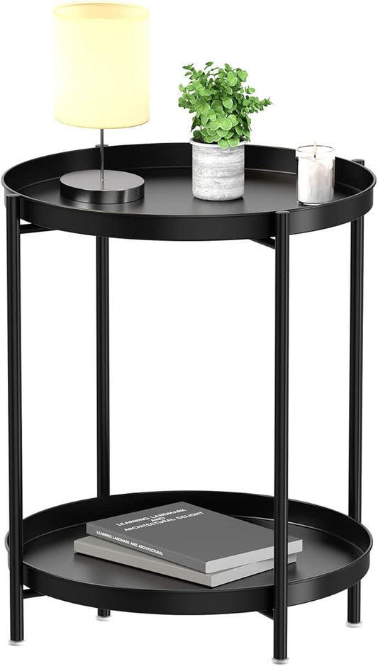 EKNITEY 2 Tier End Table - Metal Side Table Waterproof Small Sofa Coffee Side Tables Bedroom Indoor Outdoor with Removable Tray for Living Room Bedroom Balcony and Office (Black)-NeatNest