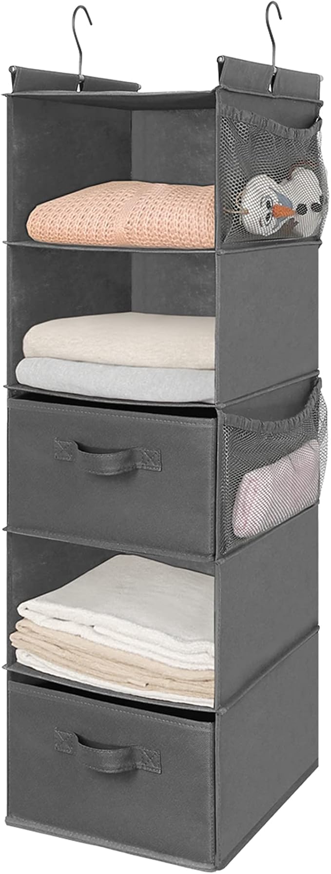 MAX Houser 5 Tier Shelf Hanging Closet Organizer, Cloth Hanging Shelf with 2 Sturdy Hooks for Storage, Foldable (Grey-D2)-NeatNest