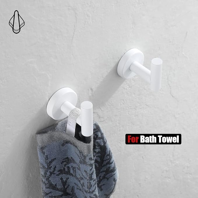 JQK Bathroom Towel Hook White, Coat Robe Clothes Hook for Bathroom Kitchen Garage Wall Mounted (2 Pack), 304 Stainless Steel 0.8mm Thicken, TH100-WH-P2-NeatNest