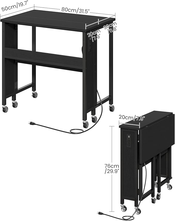 31.5" Modern Folding Computer Desk with Power Outlets, Wheels, Storage, Perfect for Small Spaces Black TDN01UBB-NeatNest