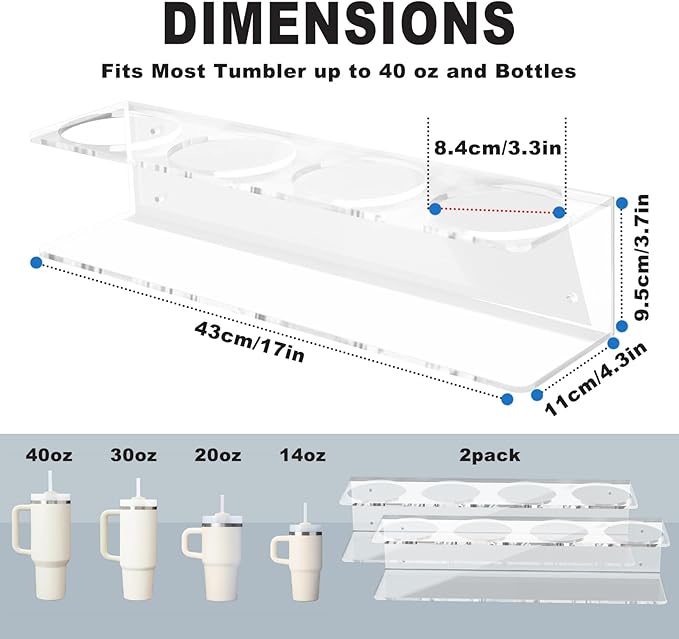 2 Pack Acrylic Cup Holder Organizer for Stanley 40 oz, Large Heavy Duty Stanley Cup Holder, Spray Can Holder Storage Rack, Holds 8 Tumblers for Home Office & Kitchen, Wall Mounted with Accessories