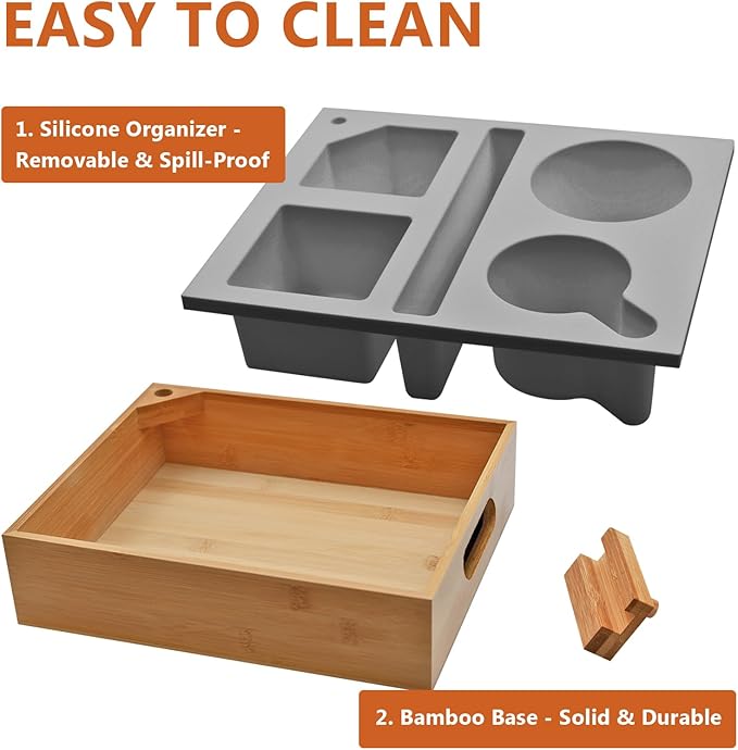 Couch Cup Holder with Sturdy Bamboo Bottom Tray and Anti-Spill Washable Silicone Liner for Eating on Couch or Bed, TV-Watching Food Snack Trays with Drinks Cup Holder TV Remote Holder (Grey)-NeatNest