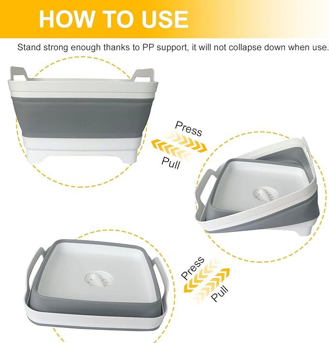 Collapsible Dish Basin & Sink Tub with Drain Plug – 2.4 Gal Baby Bottle Wash Basin, Bottle Washing Bin for RV, Camping, Kitchen | Collapsible Water & Bottle Basin (Grey)-NeatNest