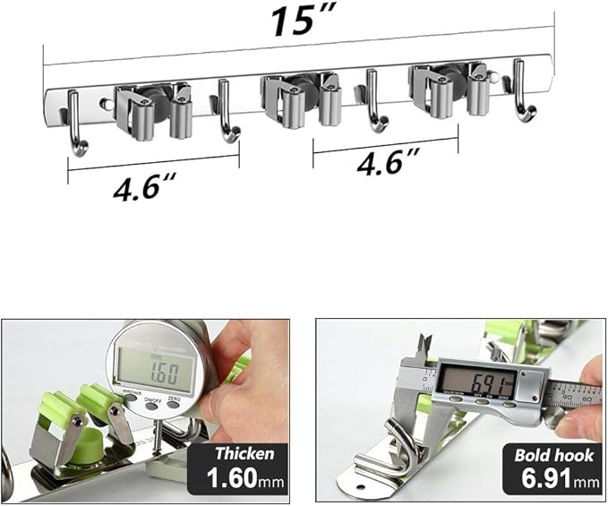 DGSL 1 PCS Broom Holder Wall Mount with 3 Racks 4 Hooks, Stainless Steel Wall Mounted Organizer Mop and Broom Storage Tool Rack for Home Kitchen Garden-NeatNest
