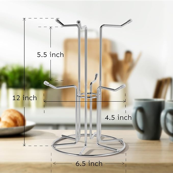 HULISEN Coffee Mug Holder for Countetop, Cup Tree for Counter Large Mugs with 6 Hooks, Metal Cup Holder Stand, Standing Rack Display for Coffee Bar, Silver-NeatNest