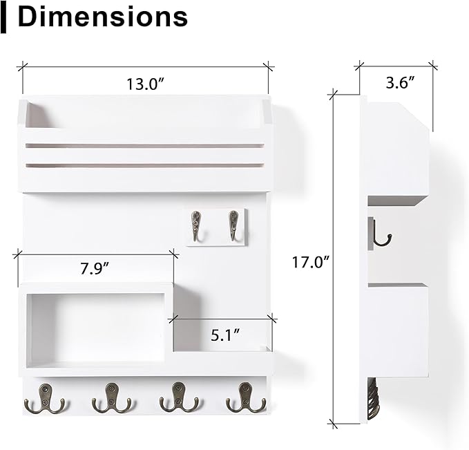 DOPACE Key Holder for Wall, Wall Mounted Mail Organizer with 6 Key Hooks for Sunglasses Storage and Dog Leash Hanger, White