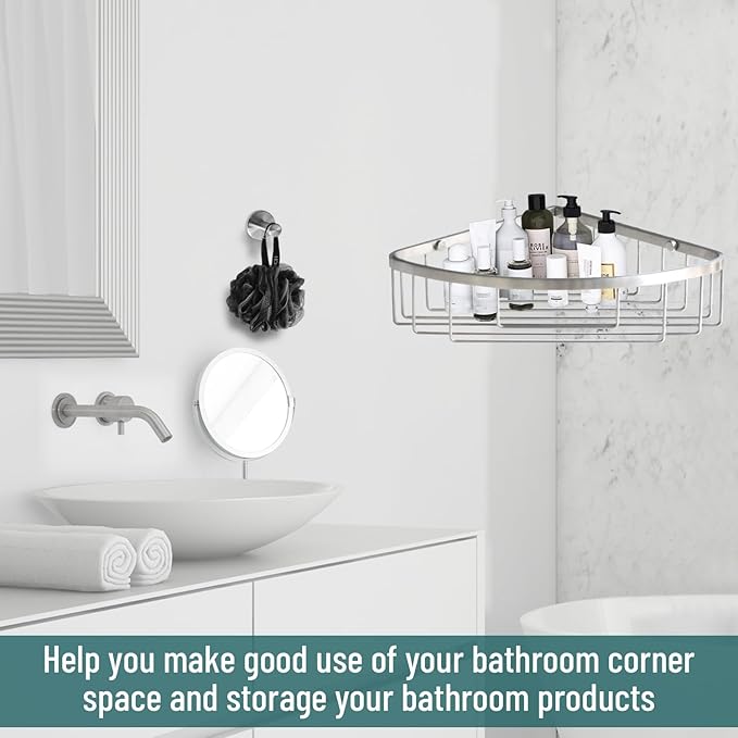 Stainless Steel Wall Mount Shower Caddy, Single Hook & Bath Wipe Waterproof Durable Corner Shower Rack for Bathroom Space Saving Bathroom Organizer & Storage for Shampoos Soap Bath Items Brushed
