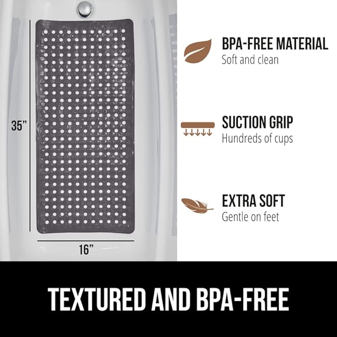 GORILLA GRIP Patented Bath Tub Shower Mat, Machine Washable Bathtub Floor Liner Mats, Suction Cups and Drain Holes to Keep Tubs Clean, Soft on Feet, Bathroom Essentials, 35x16 Inch, Charcoal Opaque-NeatNest