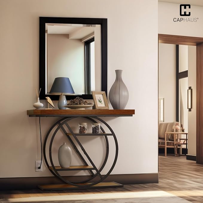 CAPHAUS 41” Unique Design 4-Tier Industrial Thick Sofa Console Table w/Storage & Charging Station, Entrance Tableau w/ 2 Outlets, USB & Type-C Ports for Living Room, Hallway, Rustic, Hourglass-NeatNest