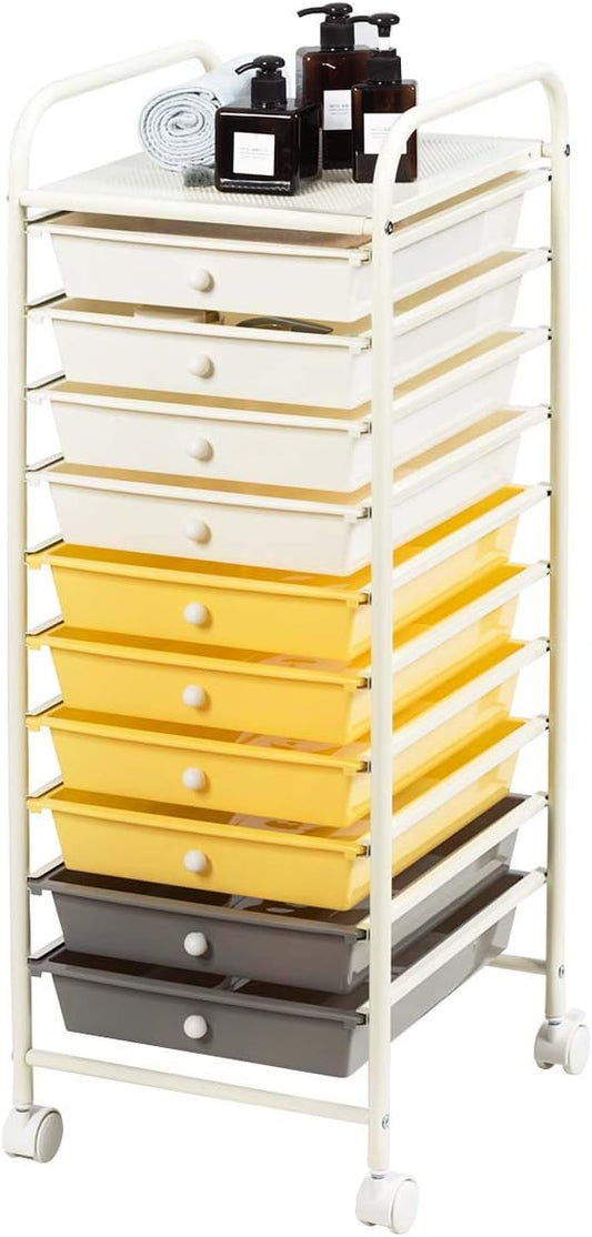 Giantex 10 Drawer Rolling Storage Cart Scrapbook Paper Office School Organizer (Beige+Yellow+Grey)