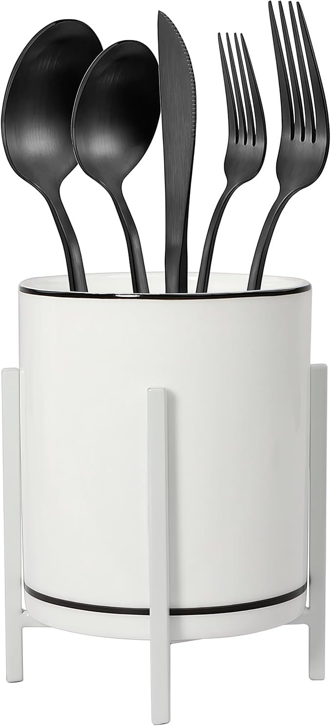 Ceramic Flatware Caddy, Silverware Caddy Cutlery Holder, Round Utensil Crock, Kitchen Utensil Holder for Countertop, Ceramic Cup wtih Black Trim and White Metal Bracket, 1 Pcs-NeatNest