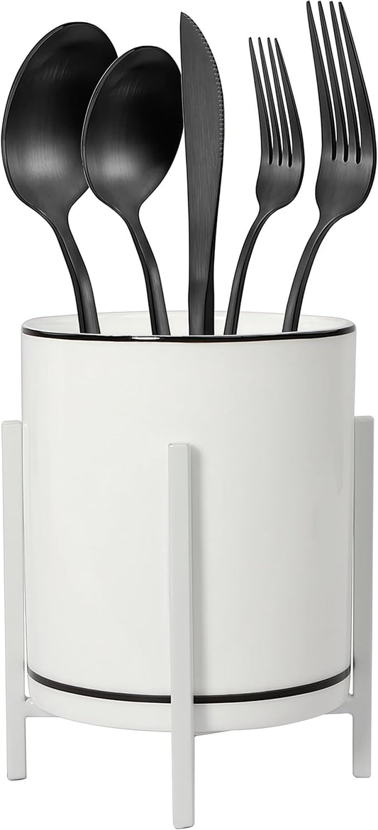 Ceramic Flatware Caddy, Silverware Caddy Cutlery Holder, Round Utensil Crock, Kitchen Utensil Holder for Countertop, Ceramic Cup wtih Black Trim and White Metal Bracket, 1 Pcs-NeatNest
