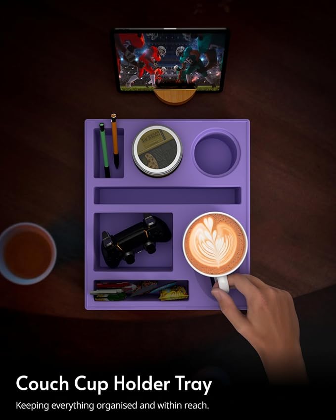 Couch Cup Holder Tray - Couch Organizer Caddy, Silicone Beach Caddy with Cup Holder, Sofa and Bed Drink Holder and Couch Tray Table for Snacks Beverage Remote (Purple)-NeatNest