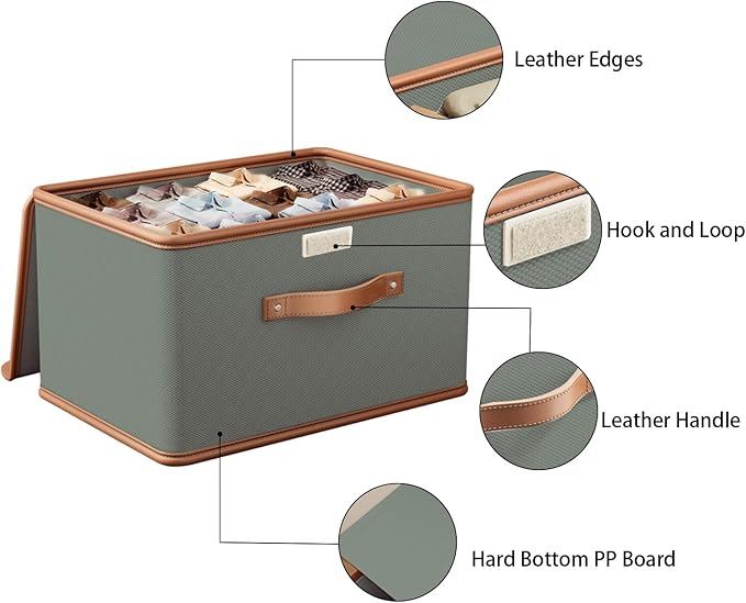 Tuza 4 Pack Storage Bins with Lids, Collapsible Closet Organizer Container, Fabric Organizer Box with Handles, Decorative Storage Boxes with Lids for Organizing Clothes, Blanket, Grey, Extra Large-NeatNest