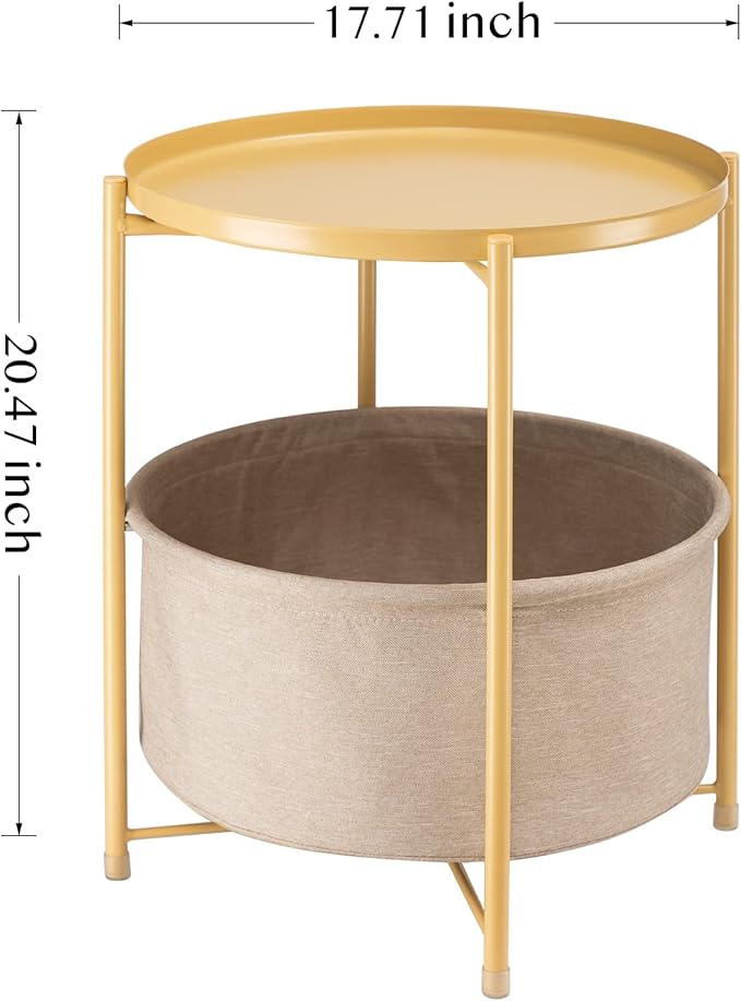 danpinera Round Side Table with Fabric Storage Basket, Metal Side Table Small Bedside Nightstand with Removable Tray Top for Living Room, Bedroom, Nursery, Laundry, Pale Yellow-NeatNest