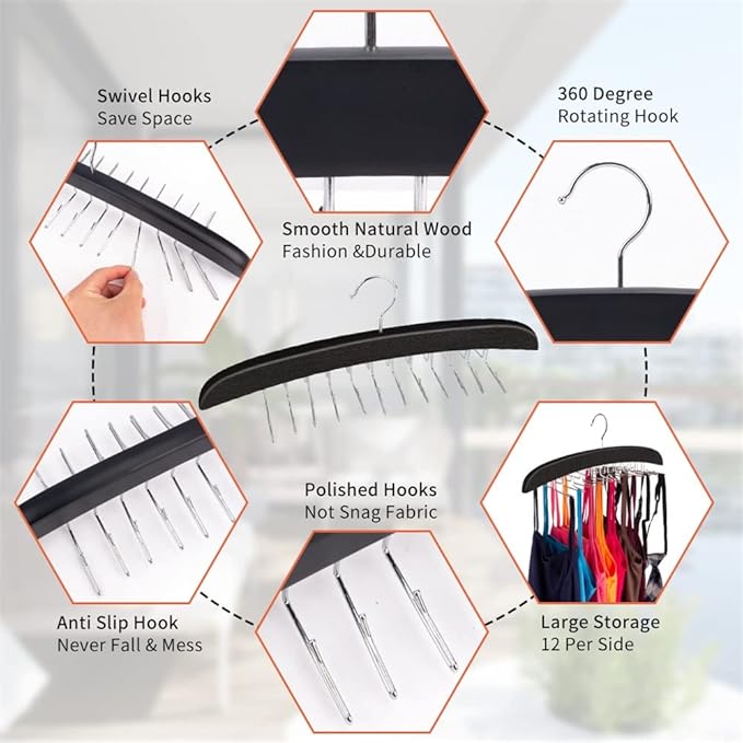 3 Pack Tank Top & Bra Hanger, Tie & Belt Hanger with Natural Wood, 24 Space Saving, 360 Rotating, Foldable Metal Hooks, Closet Organizer and Storage Rack for Tank Tops/Bras/Ties/Belt (Black)-NeatNest