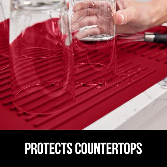 GORILLA GRIP 100% BPA-Free Patented Silicone Dish Drying Mat for Kitchen Counter, Water Catching Ribbed Design, Easy Clean Waterproof Sink Liner, Heat Resistant, Fits Under Rack, 13x11 Inch, Red