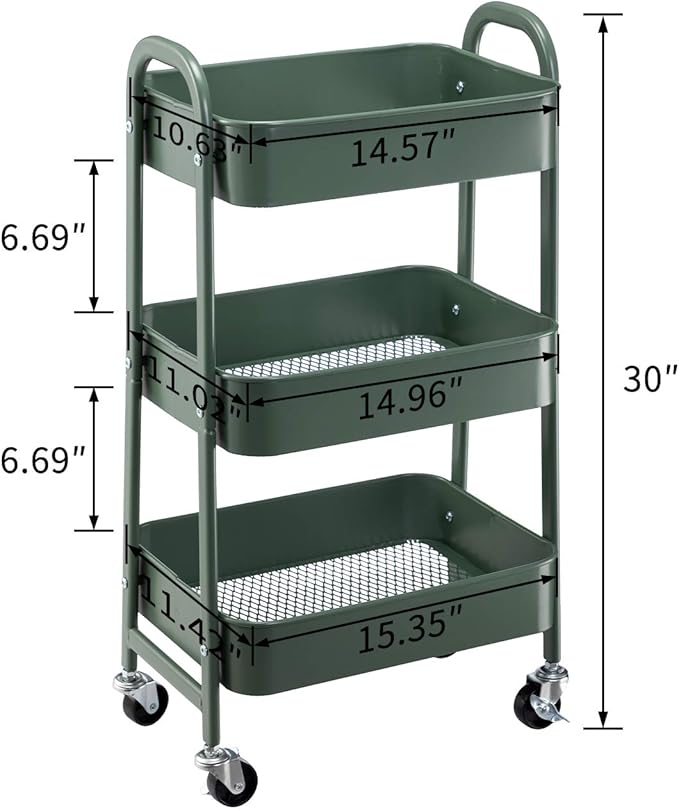 AGTEK Movable Rolling Organizer - 3 Tier Metal Storage Cart, Green-NeatNest