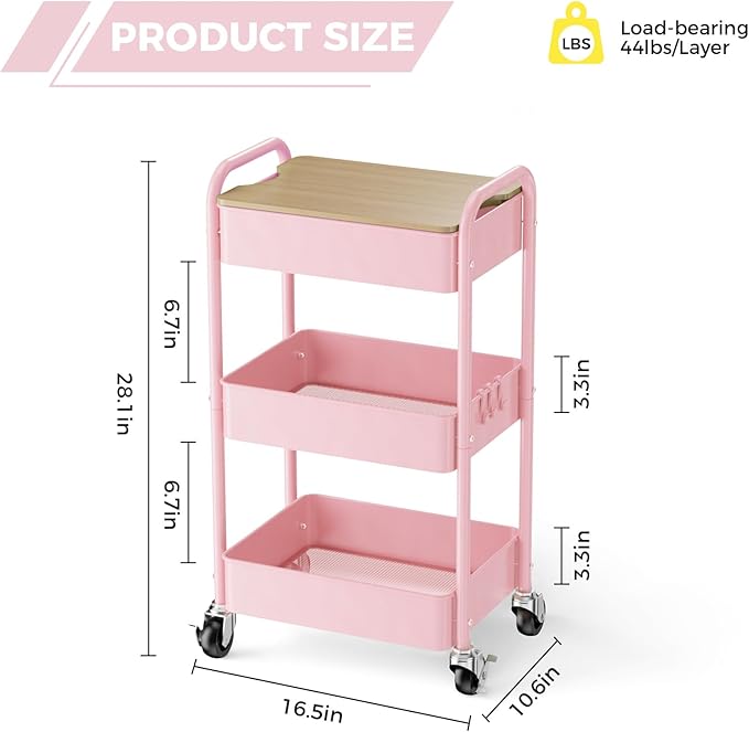 3 Tier Rolling Cart with Table top, Metal Rolling Utility Cart, Sturdy Storage Organizer Cart with Locking Wheels & Hooks for Office, Classroom, Kitchen and Bathroom，Pink-NeatNest