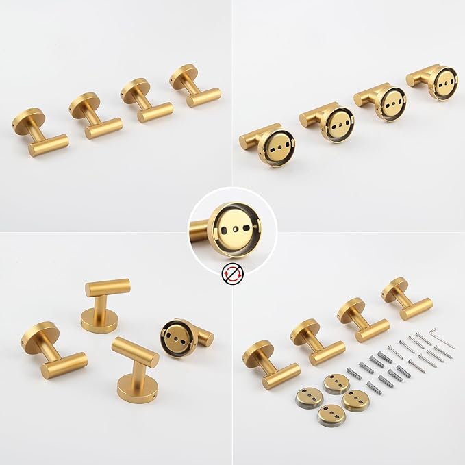 GERZWY Gold Stainless Steel Towel Hook Wall Mounted Robe Hook Heavy Duty Coat Hook Luxury Hooks for Bathroom Hotel 4 Pack AG1307B-BE
