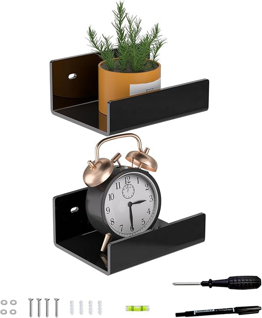 5 Inches Black Acrylic Wall Shelves for Home Décor, Pack of 2, Acrylic Shelf for Wall, Wall Mounting Display Shelf-NeatNest