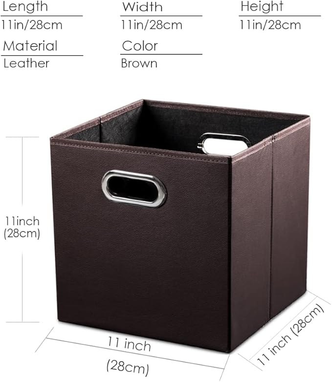 PRANDOM Leather Foldable Cube Storage Bins 11x11 inch [2-Pack] Fabric Storage Baskets Cubes Drawer with Cotton Handles Organizer for Shelves Nursery Closet Bedroom Clothes Brown-NeatNest