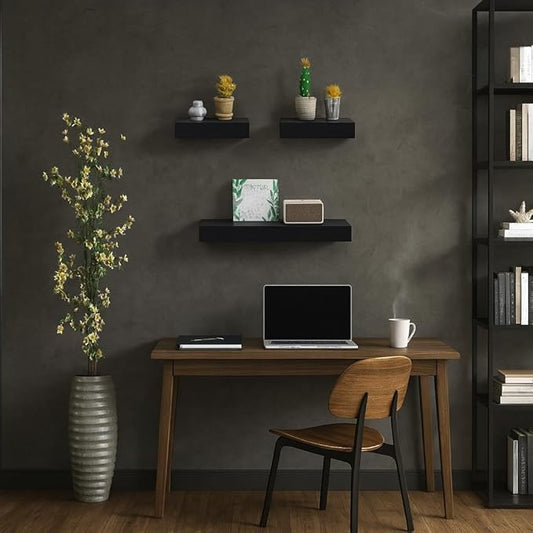 Floating Wall Shelves Set of 3 – MDF Wood Wall Mounted Shelf for Living Room, Bedroom, Bathroom, Office – Decorative Storage Racks for Plants, Photos, Books (Black, Large Set)
