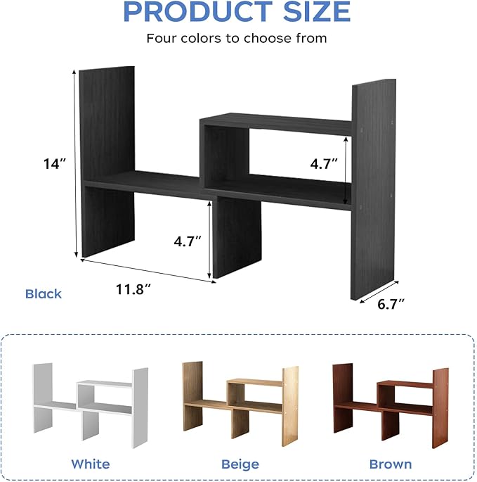 Black Desk Organizer Shelf Wooden Desktop Bookshelf Adjustable Desktop Organizer Shelves Small Book Shelf for Office Desk Supplies Home Storage Natural Stand Decor (Black, Style2)-NeatNest