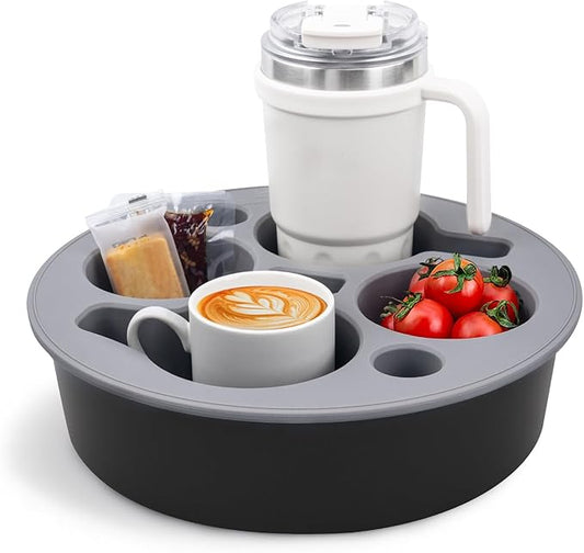 Round 7-in-1 Bed & Couch Cup Holder Tray,Waterproof Silicone Sofa and Bed Organizer Caddy,Large Capacity Couch Drink Holder Caddy for Remote Control Drinks, Snacks, Cell Phones, Headphones-NeatNest