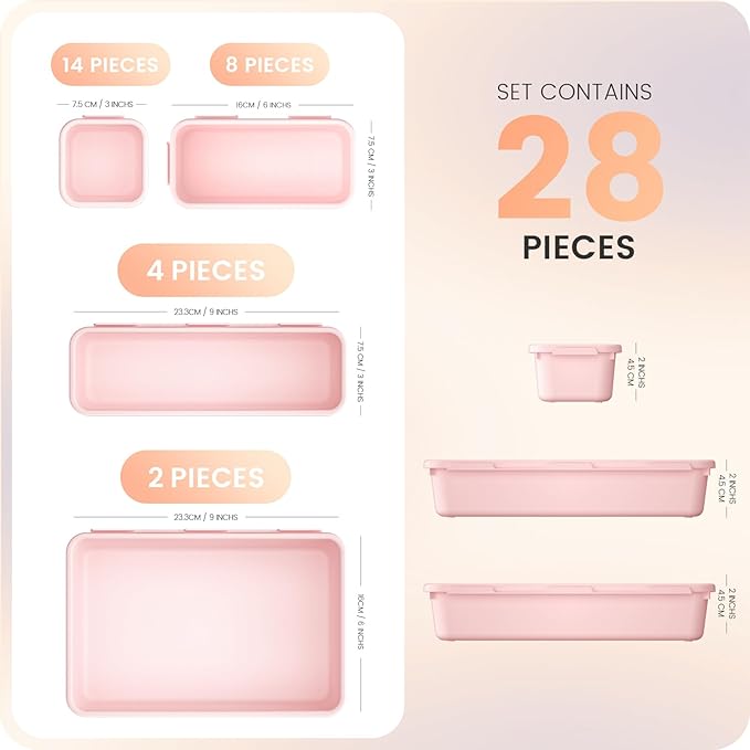A-LuGei 【28PCS】 Drawer Organizer, Bathroom Organizers and Storage, Makeup organizer, Desk drawer organizer, Storage Bins for Kitchen Office Bedroom Vanity Jewelry Pantry Garage【Pink】【4Size】-NeatNest
