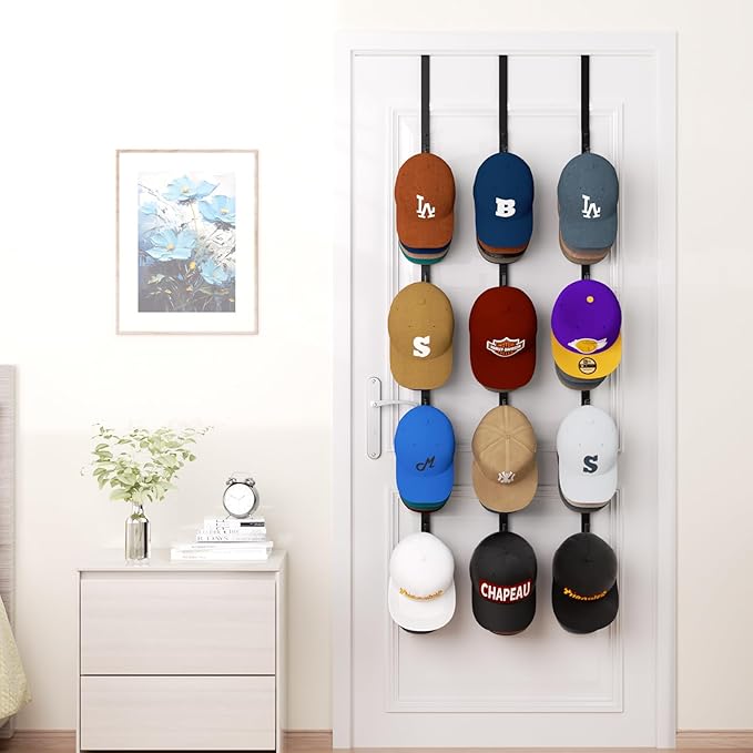 HapiRm Over Door Hat Rack - 3 Packs Hat Organizer with 12 Hooks Design, Hanging Baseball Cap Organizer Storage Holds Up to 60 Caps for Door, Bedroom, Closet (Black)-NeatNest