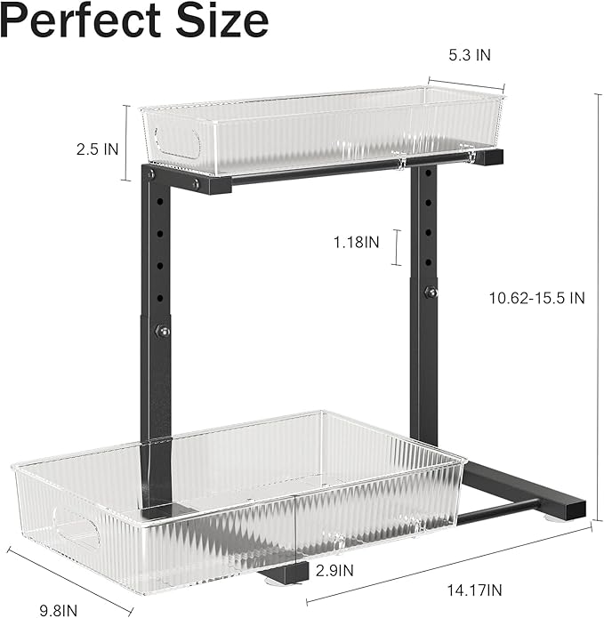 1 Pack 10.62"-15.5" H Acrylic Bathroom Under Sink Organizers And Storage Height Adjustable,2-Tier Pull Out Under Cabinet Shelf Organizer,Multi-Use Slide Out Drawer For Kitchen Laundry-Black-NeatNest