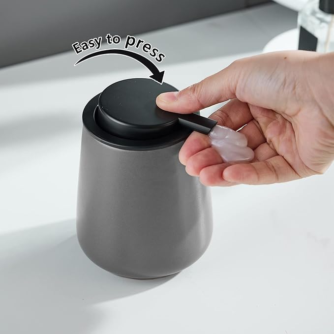 12Oz Grey Hand Soap Dispenser - Modern Ceramic Lotion Soap Dispenser with Easy-to-Press Black Pump, Reusable and Refillable Liquid Soap Dispenser for Bathroom, Dish Soap Dispenser for Kitchen-NeatNest