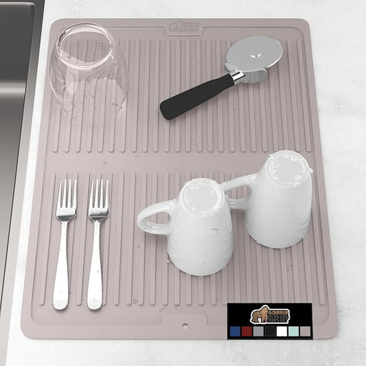GORILLA GRIP 100% BPA-Free Patented Silicone Dish Drying Mat for Kitchen Counter, 18x16 Inch, Water Catching Ribbed Design, Easy Clean Waterproof Sink Liner, Heat Resistant, Fits Under Rack, Almond