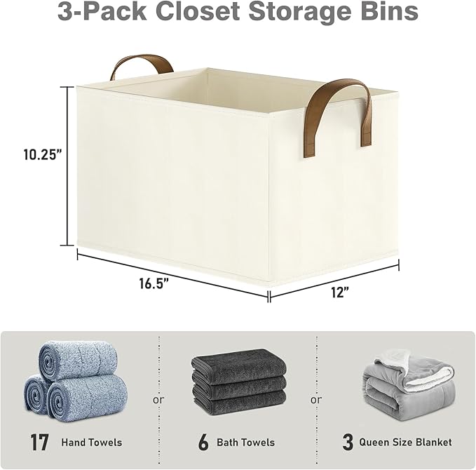 Closet Storage Bins, Fabric Closet Organizers and Storage Basket for Shelves, Collapsible Shelf Baskets for Organizing Shelves, Bedroom Clothes Basket, Beige, 3 Pack-NeatNest
